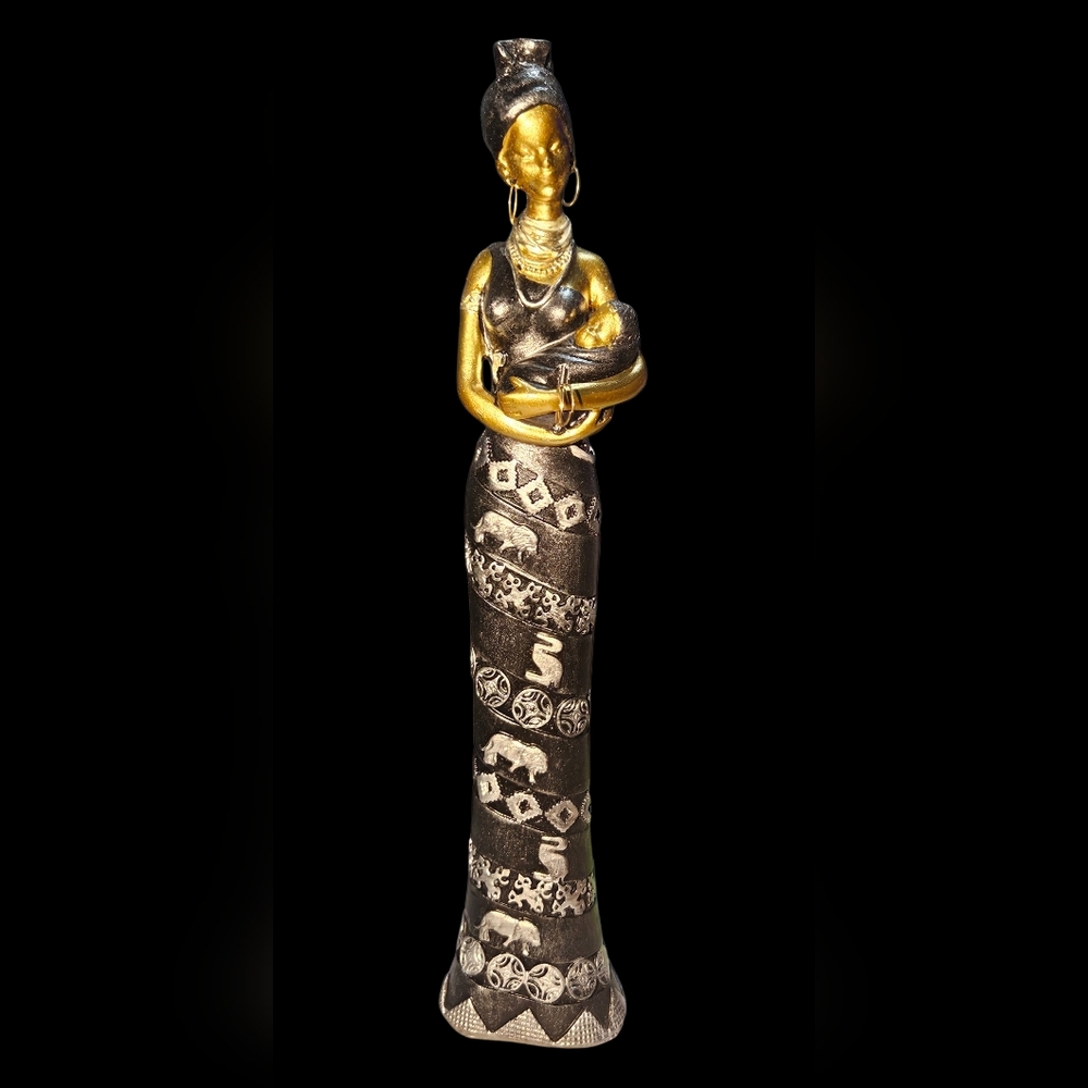 13" Black African Resin Woman Figurine Holding Baby